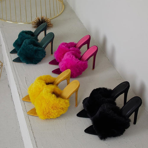 European Station Sandals Candy Color Luxury Rabbit Fur High Heel Sandals Slippers Large Women Shoes Size 35 43
