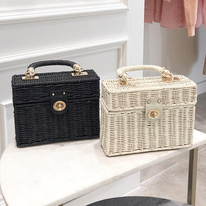 New rattan black straw Shoulder Bag Women hand-woven Messenger Bag Summer Beach Square box Straw Handbag For lady Bolsa Feminina