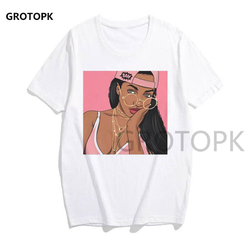 Melanin Poppin Printed Female T-shirt Short Sleeve Streetwear Summer Women Clothes 2019 Harajuku Top Graphic Tee White T Shirt