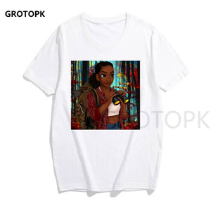 Melanin Poppin Printed Female T-shirt Short Sleeve Streetwear Summer Women Clothes 2019 Harajuku Top Graphic Tee White T Shirt