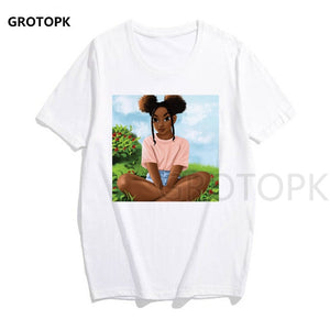 Melanin Poppin Printed Female T-shirt Short Sleeve Streetwear Summer Women Clothes 2019 Harajuku Top Graphic Tee White T Shirt