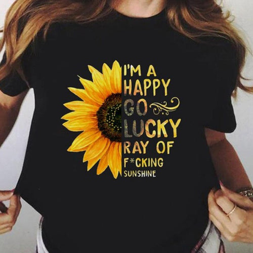 2019 Summer Women's Fashion Sunflower and Letter Print Women Casual T-shirt Plus Size graphic tees women Black tshirt