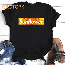 Load image into Gallery viewer, 2019 Summer Women&#39;s Fashion Sunflower and Letter Print Women Casual T-shirt Plus Size graphic tees women Black tshirt