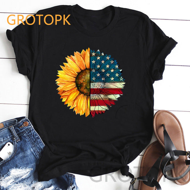 2019 Summer Women's Fashion Sunflower and Letter Print Women Casual T-shirt Plus Size graphic tees women Black tshirt