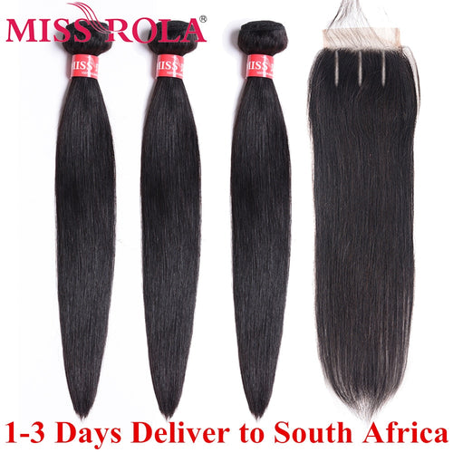 Miss Rola Brazilian Hair Weave Bundles 100% Human Hair Non-Remy Straight Hair Extensions Natural Color 3 Bundles With Closure