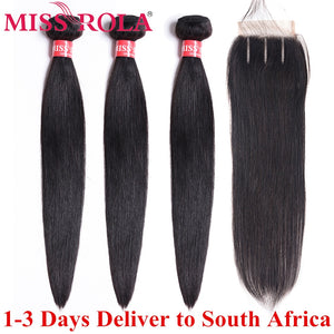 Miss Rola Brazilian Hair Weave Bundles 100% Human Hair Non-Remy Straight Hair Extensions Natural Color 3 Bundles With Closure