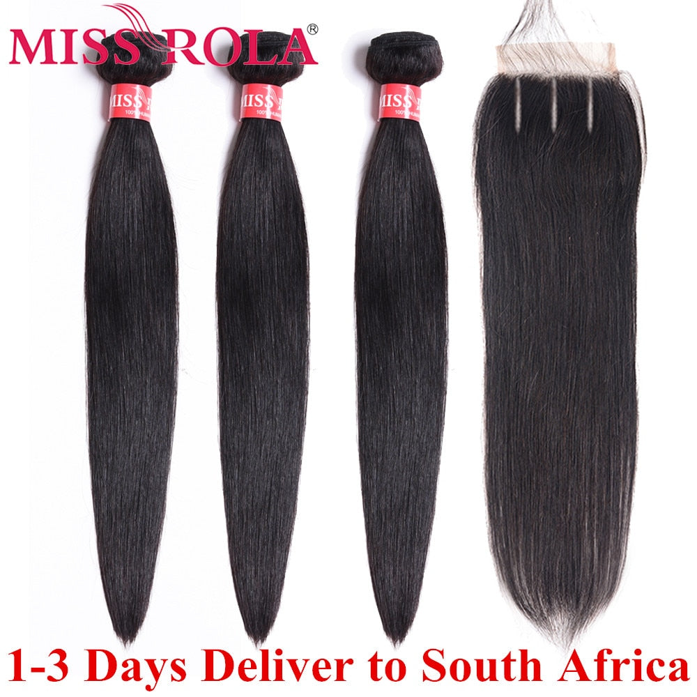 Miss Rola Brazilian Hair Weave Bundles 100% Human Hair Non-Remy Straight Hair Extensions Natural Color 3 Bundles With Closure