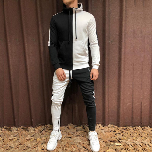 Two Pieces Set Men Half Black Half White Men's Sports Suit Autumn Winter Pant Sweatshirt Male Hoody Tracksuit Sweatsuit Outfit