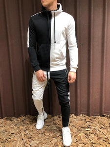 Two Pieces Set Men Half Black Half White Men's Sports Suit Autumn Winter Pant Sweatshirt Male Hoody Tracksuit Sweatsuit Outfit
