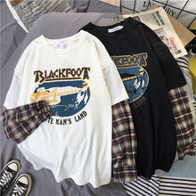 Load image into Gallery viewer, Korean Simple oversized graphic tees Women shirts harajuku Long Sleeve tshirt Leisure Plaid patchwork t shirt white black tops