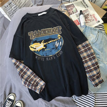 Load image into Gallery viewer, Korean Simple oversized graphic tees Women shirts harajuku Long Sleeve tshirt Leisure Plaid patchwork t shirt white black tops