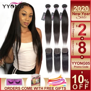 Yyong Peruvian Straight Hair 3 Bundles Remy Human Hair Extensions With 4*4 Lace Closure Double Weft Weave Bundles With Closure