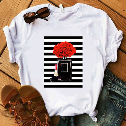 Perfumer Floral Stripe T Shirt Women Shirt Summer Shirt Lady Luxury Brand Streetwear T-shirt Tops Graphic Tees Women Kawaii