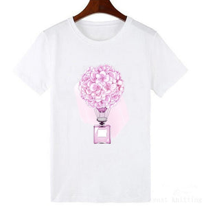 Perfumer Floral Stripe T Shirt Women Shirt Summer Shirt Lady Luxury Brand Streetwear T-shirt Tops Graphic Tees Women Kawaii