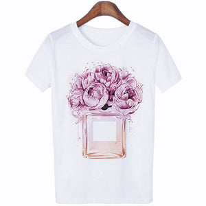 Perfumer Floral Stripe T Shirt Women Shirt Summer Shirt Lady Luxury Brand Streetwear T-shirt Tops Graphic Tees Women Kawaii