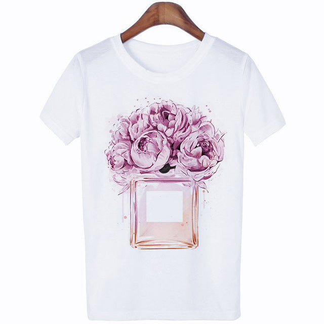 Perfumer Floral Stripe T Shirt Women Shirt Summer Shirt Lady Luxury Brand Streetwear T-shirt Tops Graphic Tees Women Kawaii