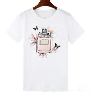 Perfumer Floral Stripe T Shirt Women Shirt Summer Shirt Lady Luxury Brand Streetwear T-shirt Tops Graphic Tees Women Kawaii