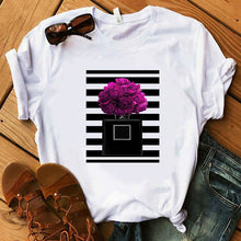 Load image into Gallery viewer, Perfumer Floral Stripe T Shirt Women Shirt Summer Shirt Lady Luxury Brand Streetwear T-shirt Tops Graphic Tees Women Kawaii