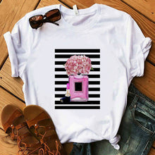 Load image into Gallery viewer, Perfumer Floral Stripe T Shirt Women Shirt Summer Shirt Lady Luxury Brand Streetwear T-shirt Tops Graphic Tees Women Kawaii