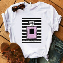 Load image into Gallery viewer, Perfumer Floral Stripe T Shirt Women Shirt Summer Shirt Lady Luxury Brand Streetwear T-shirt Tops Graphic Tees Women Kawaii