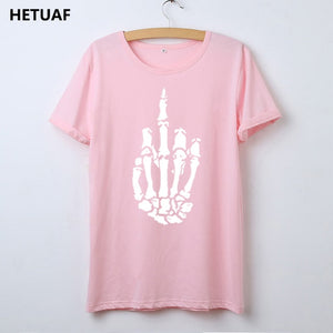 HETUAF Skeleton Gesture Graphic Tees Women Tshirt Skull Cool 2018 Hipster T Shirt Women Tops Punk Rock Funny Camisetas Mujer