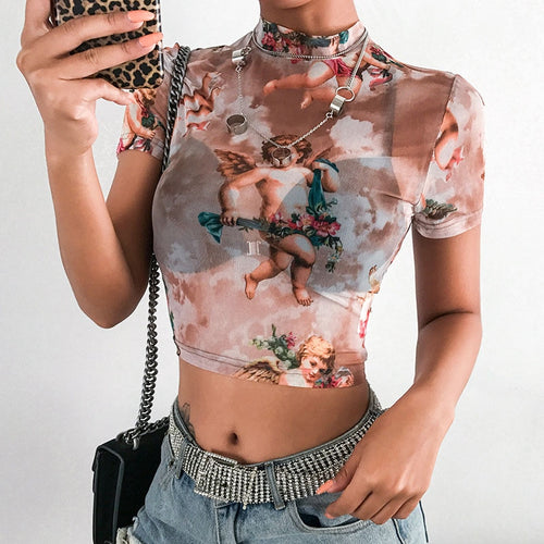 Angel Print Mesh Sexy T Shirt Crop Top High Neck Short Sleeve Graphic Tees Women Streetwear Harajuku Shirts Hot Sale