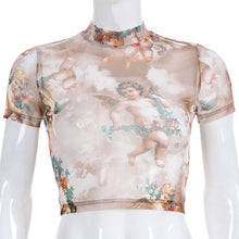 Load image into Gallery viewer, Angel Print Mesh Sexy T Shirt Crop Top High Neck Short Sleeve Graphic Tees Women Streetwear Harajuku Shirts Hot Sale