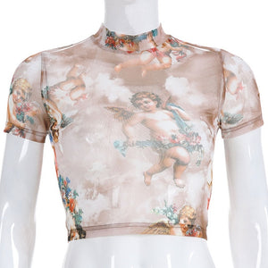 Angel Print Mesh Sexy T Shirt Crop Top High Neck Short Sleeve Graphic Tees Women Streetwear Harajuku Shirts Hot Sale