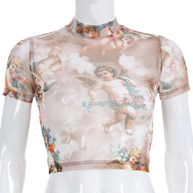 Angel Print Mesh Sexy T Shirt Crop Top High Neck Short Sleeve Graphic Tees Women Streetwear Harajuku Shirts Hot Sale