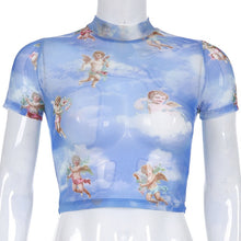 Load image into Gallery viewer, Angel Print Mesh Sexy T Shirt Crop Top High Neck Short Sleeve Graphic Tees Women Streetwear Harajuku Shirts Hot Sale