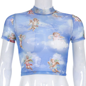 Angel Print Mesh Sexy T Shirt Crop Top High Neck Short Sleeve Graphic Tees Women Streetwear Harajuku Shirts Hot Sale