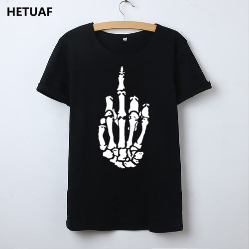 HETUAF Skeleton Gesture Graphic Tees Women Tshirt Skull Cool 2018 Hipster T Shirt Women Tops Punk Rock Funny Camisetas Mujer