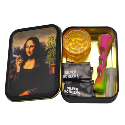 Smoking Set: 1x Metal Tobacco Box+1x Silicone Tobacco Pipe+1x Plastic Herb Grinder+5 Booklet Metal Filters+1x Glass Mouth Tips