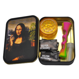 Smoking Set: 1x Metal Tobacco Box+1x Silicone Tobacco Pipe+1x Plastic Herb Grinder+5 Booklet Metal Filters+1x Glass Mouth Tips